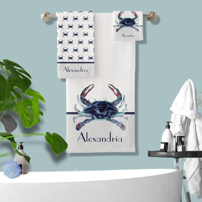 Crab Nautical Navy Blue and Grey Bath Towel Set (Creator Uploaded)