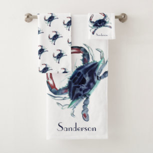 Crab Nautical Navy Blue and Grey Green Bath Towel Set