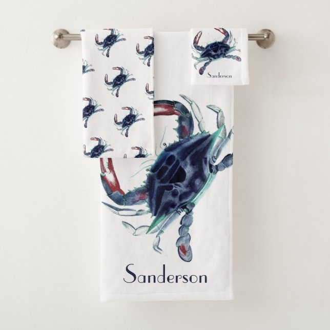 Crab Nautical Navy Blue and Grey Green Bath Towel Set (Insitu)