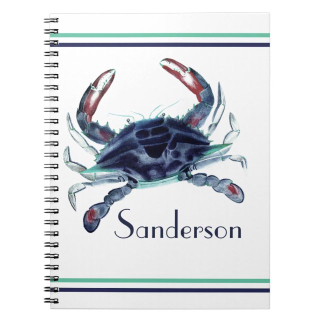 Crab Nautical Navy Blue and White Beach Towel Notebook (Front)