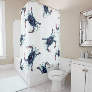 Crab Nautical Navy Blue and White Shower Curtain