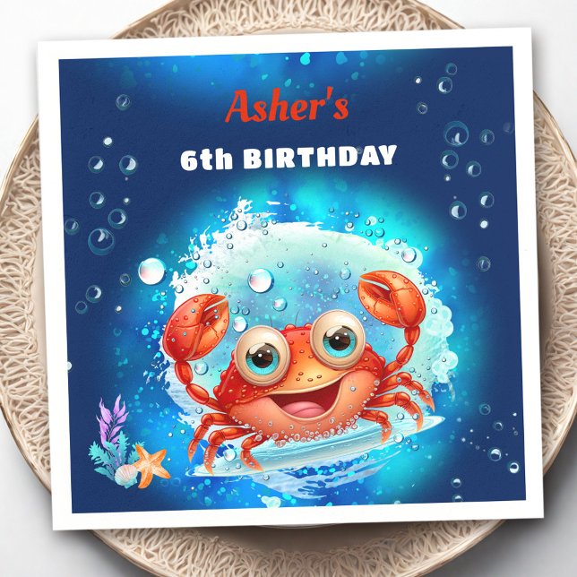 Crab Navy Blue Birthday Pool Party Boy Custom Age Napkin (Crab Navy Blue Birthday Pool Party Boy Custom Age Napkins)