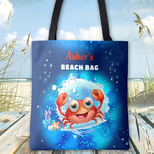 Crab Navy Blue Boy Pool Beach Custom Name Tote Bag (Crab Navy Blue Boy Pool Beach Custom Name Tote Bag)
