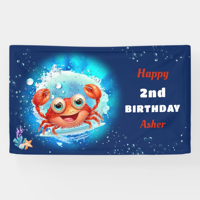 Crab Navy Blue Boy Pool Party Summer 2nd Birthday Banner (Horizontal)