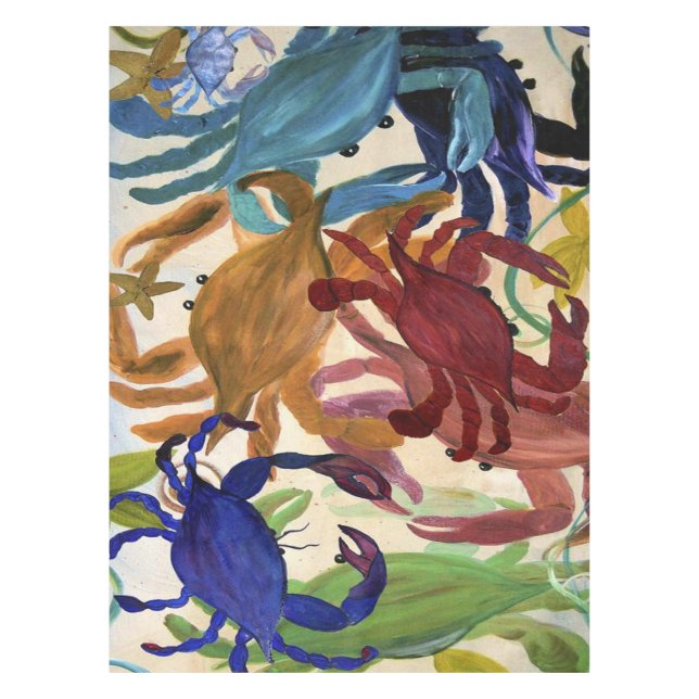 Crab party coastal home table cloth with my art. (Front)