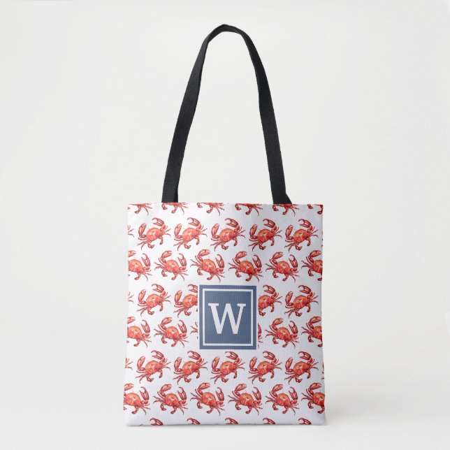 Crab Pattern and Monogram Personalised Beach Tote Bag (Front)