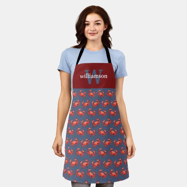 Crab Pattern Navy Personalised Apron (Worn)