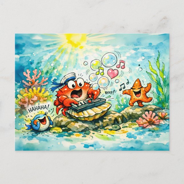 Crab playing keyboard cartoon   postcard (Front)