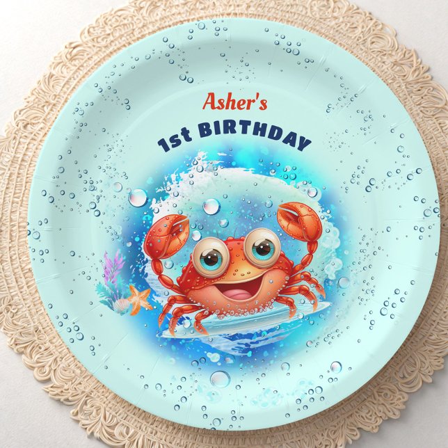 Crab Pool Blue 1st Birthday Party Boy Custom Age Paper Plate (Crab Pool Blue 1st Birthday Party Boy Custom Age Paper Plates)