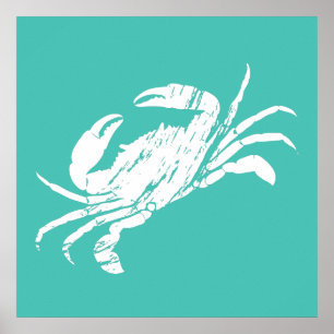 Crab Print Distressed Look Teal Blue Seafood