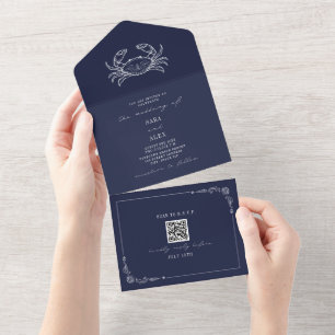 Crab Rustic Beach Wedding Dark Blue QR All In One Invitation