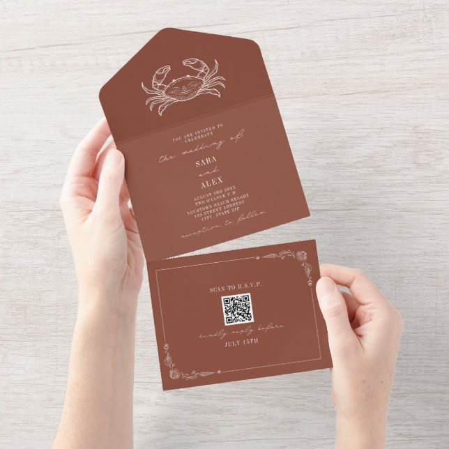Crab Rustic Beach Wedding Terracotta QR All In One Invitation (Tearaway)