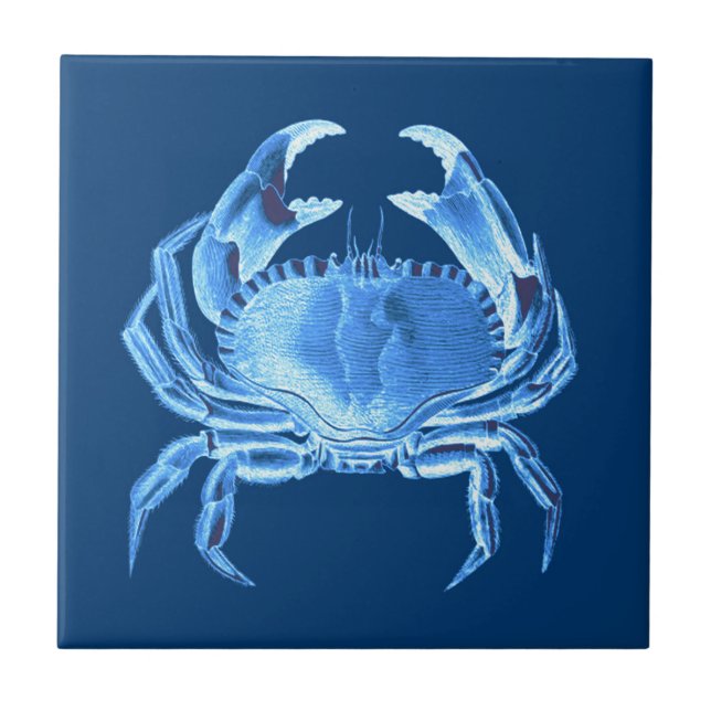Crab Sea Life Print, Indigo Blue and White Ceramic Tile (Front)