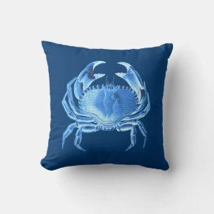 Crab Sea Life Print, Indigo Blue and White Cushion