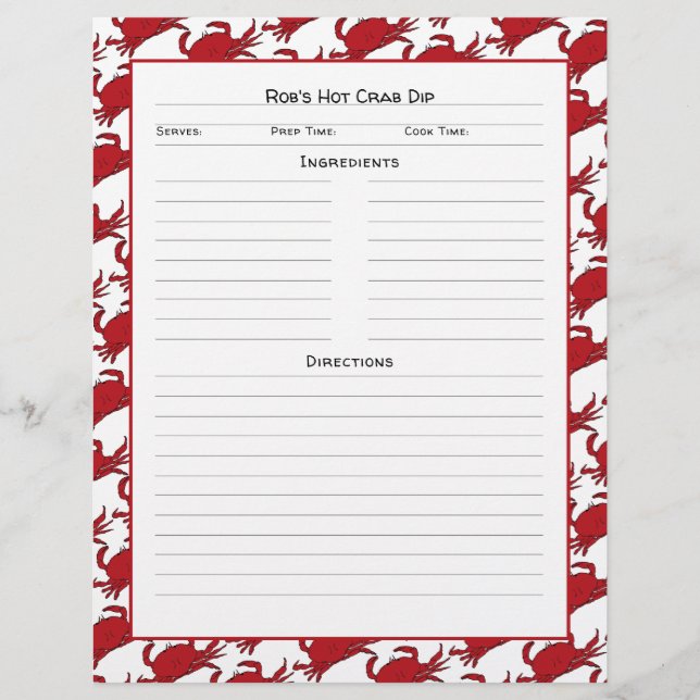 Crab Seafood Recipe Page Lined Custom Text (Front)