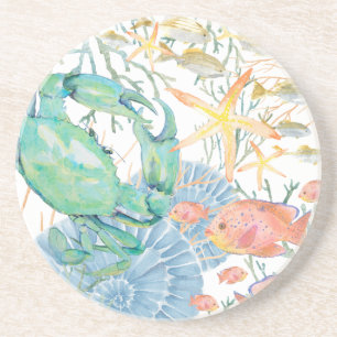Crab Starfish Coral Seashells Fish  Coaster