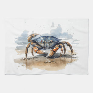 crab walking on the beach, customisable  tea towel