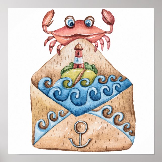 Crab Watercolor Drawing Poster (Front)