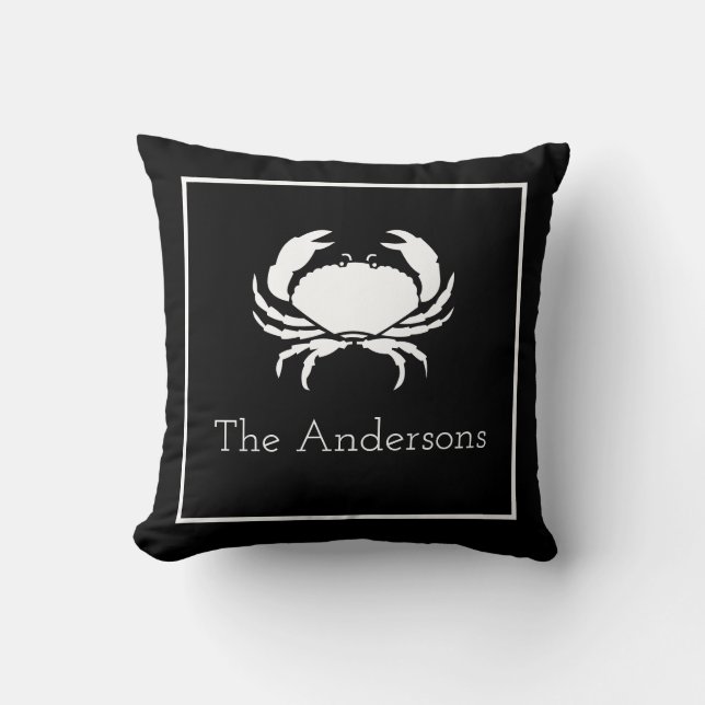 Crab White on Black Family Name Modern Cushion (Front)