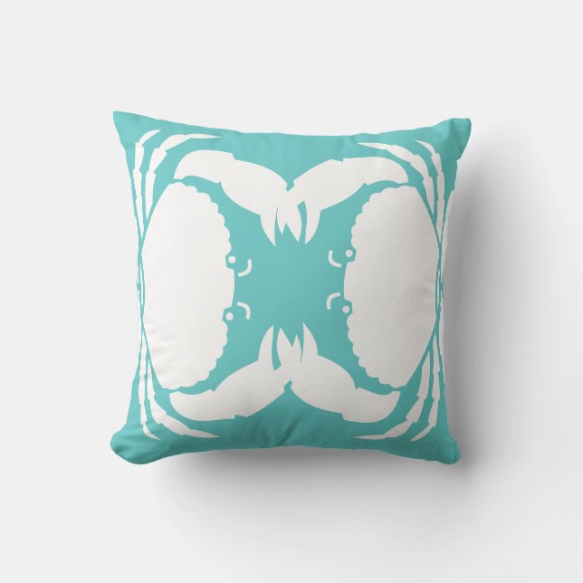 CRAB WHITE on teal blue pillow (Front)