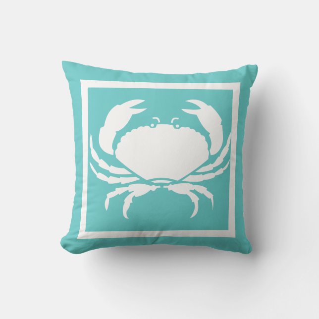 CRAB WHITE on teal blue pillow (Front)