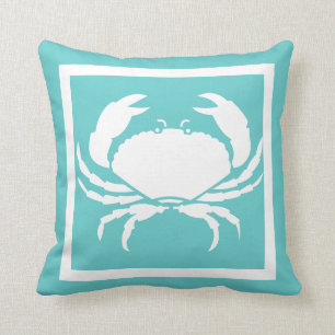 CRAB WHITE on teal blue pillow