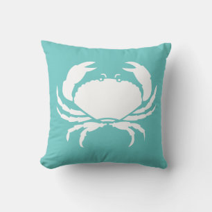 CRAB WHITE on teal blue pillow