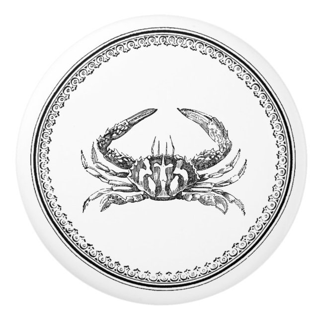 Crab within circular decorative frame ceramic knob (Front)