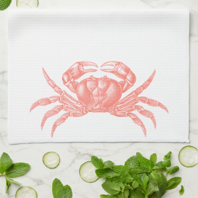 Crab Woodblock Print Artisan Style Coral Tea Towel (Folded)