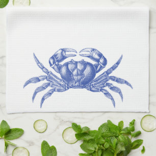 Crab Woodblock Print Artisan Style Nautical Blue Tea Towel
