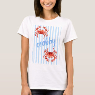 CRABBY Red Watercolor Crabs Pastel Blue Stripes T-Shirt