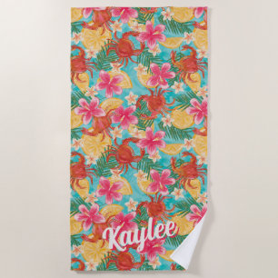 Crabs Lemons Hibiscus Hand-Drawn Tropical Pattern Beach Towel