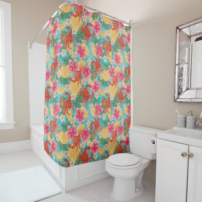 Crabs Lemons Hibiscus Hand-Drawn Tropical Pattern Shower Curtain (In Situ)