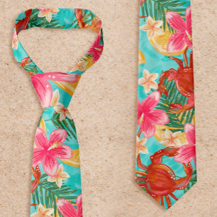 Crabs Lemons Hibiscus Hand-Drawn Tropical Pattern Tie