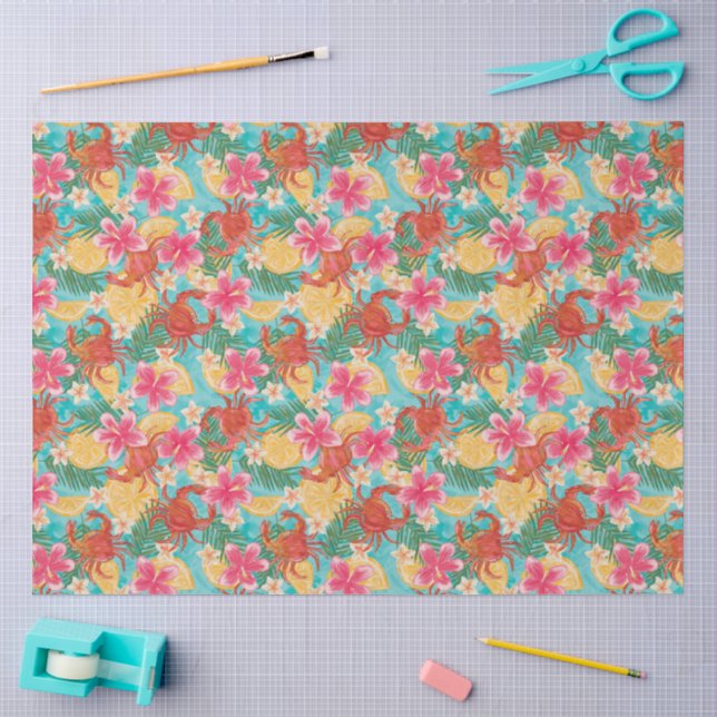 Crabs Lemons Hibiscus Hand-Drawn Tropical Pattern Tissue Paper (Craft)