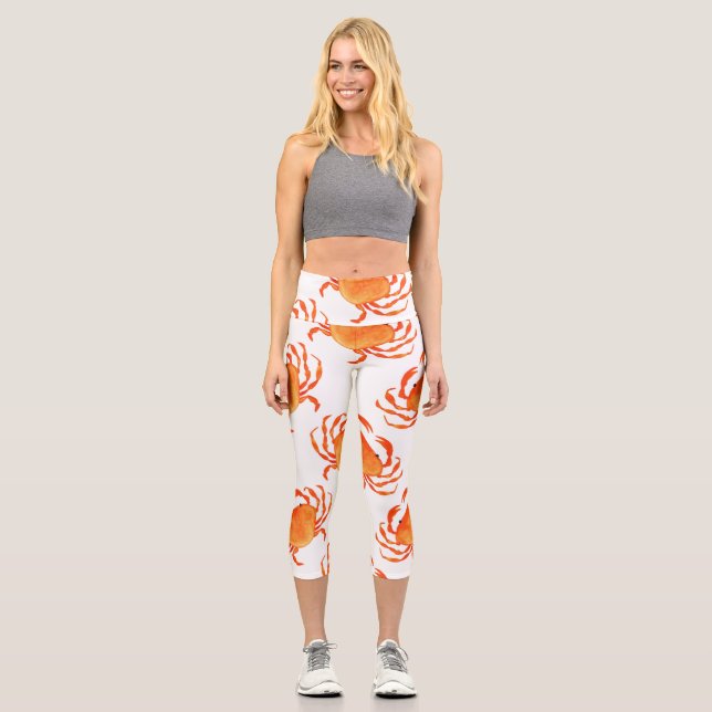 Crabs Watercolor: White Background Pattern Capri Leggings (Front)