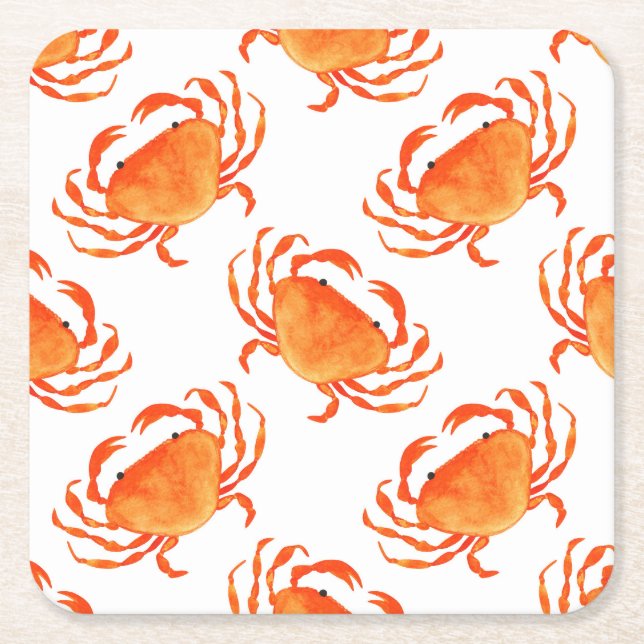 Crabs Watercolor: White Background Pattern Square Paper Coaster (Front)