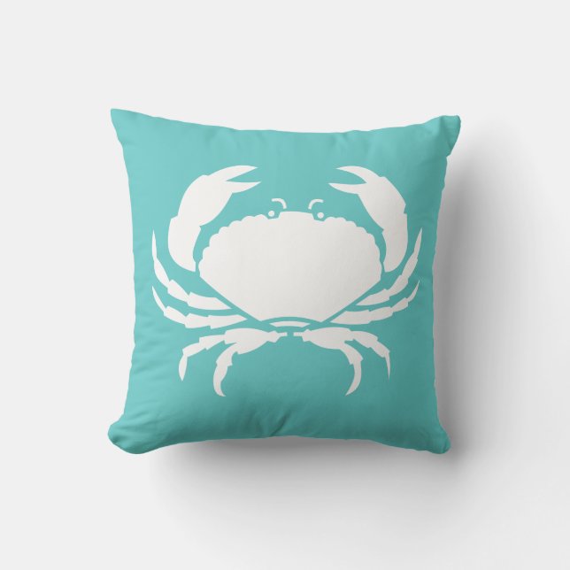 CRABS WHITE on teal blue pillow (Front)