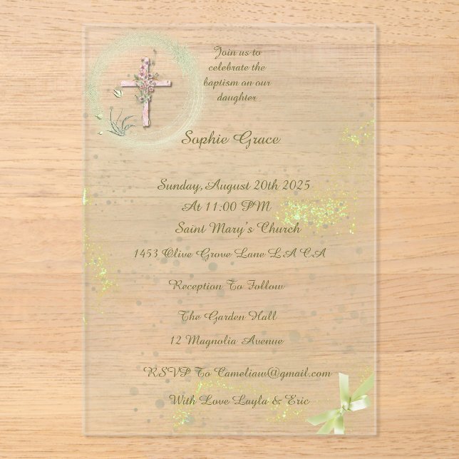 Cracefull and elegant baptism  acrylic invitations (Front)