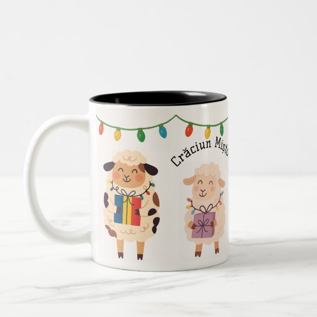 Crăciun Mișto Sheep Gift Romanian Holiday Two-Tone Coffee Mug (Left)