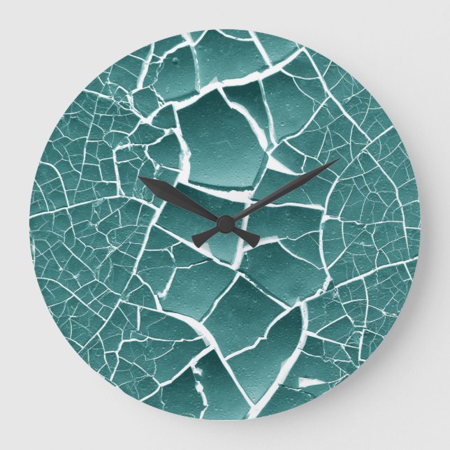 Cracked Dried Mud  - Teal Green Colored Large Clock (Front)