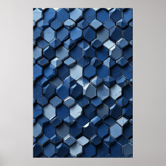 Cracked Hexagonal Tiles: Abstract Blue Geometric Poster