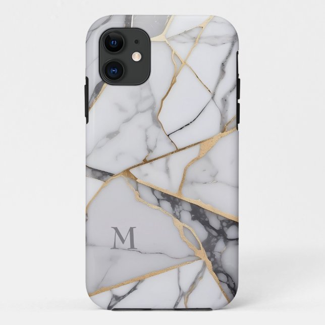 Cracked Marble Golden Accents Monogram Case-Mate iPhone Case (Back)
