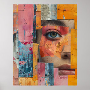 Cracked Paint Face Collage Vibrant Portrait Poster