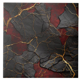Cracked Stone Texture, Red Black & Gold Ceramic Tile