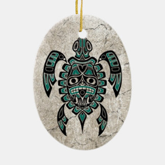 Cracked Teal Blue Haida Spirit Sea Turtle Ceramic Tree Decoration