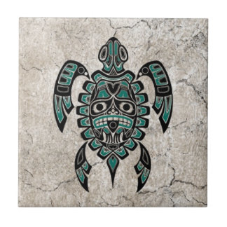 Cracked Teal Blue Haida Spirit Sea Turtle Tile
