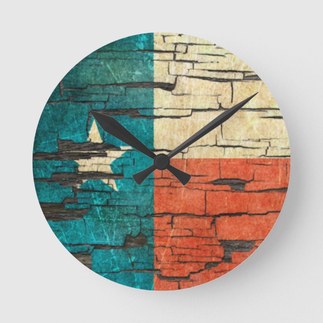 Cracked Texas Flag Peeling Paint Effect Round Clock (Front)