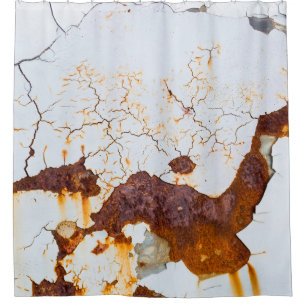Cracked white paint, rusty car. shower curtain