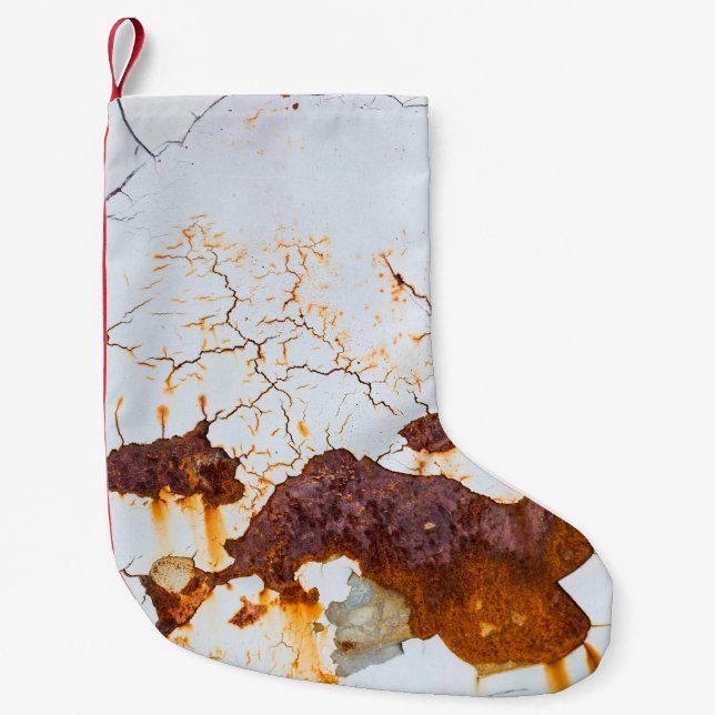 Cracked white paint, rusty car. small christmas stocking (Front)
